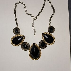 Black Teardrop Statement Necklace w/ Rhinestones (Goldtone)